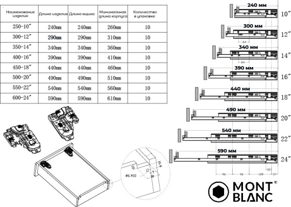 Направляющие скрытого монтажа 3D Mont Blanc 450 мм ПВ Soft Close 10шт/упак 